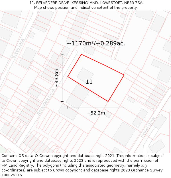 11, BELVEDERE DRIVE, KESSINGLAND, LOWESTOFT, NR33 7SA: Plot and title map