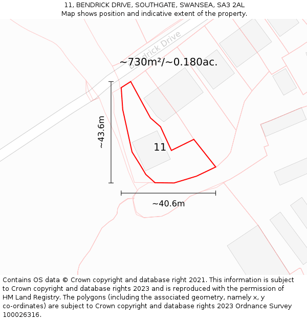 11, BENDRICK DRIVE, SOUTHGATE, SWANSEA, SA3 2AL: Plot and title map