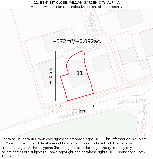 11, BENNETT CLOSE, WELWYN GARDEN CITY, AL7 4JA: Plot and title map