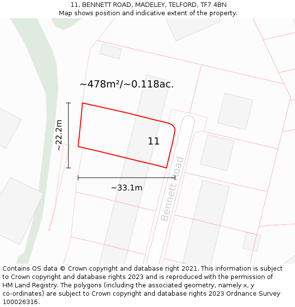 11, BENNETT ROAD, MADELEY, TELFORD, TF7 4BN: Plot and title map