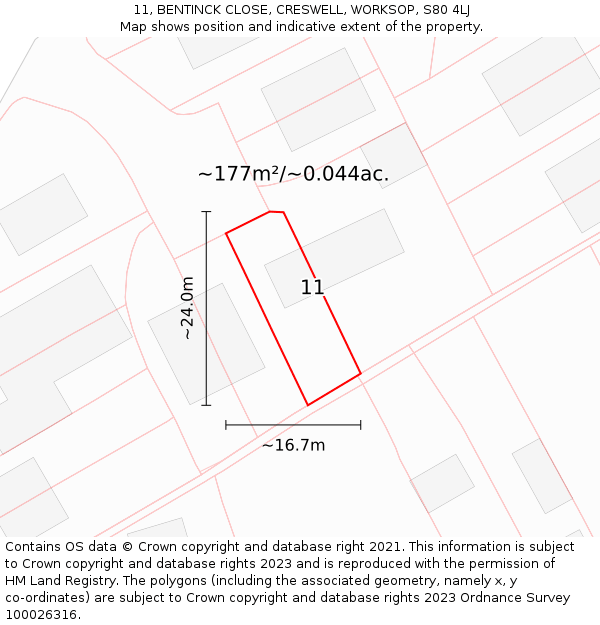 11, BENTINCK CLOSE, CRESWELL, WORKSOP, S80 4LJ: Plot and title map