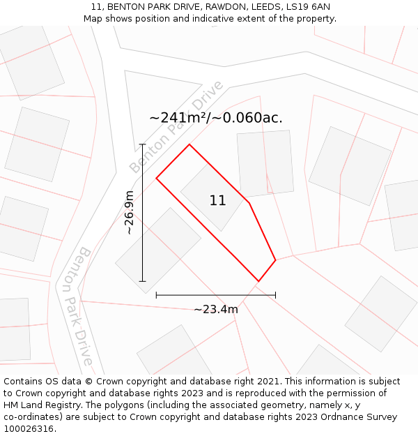 11, BENTON PARK DRIVE, RAWDON, LEEDS, LS19 6AN: Plot and title map