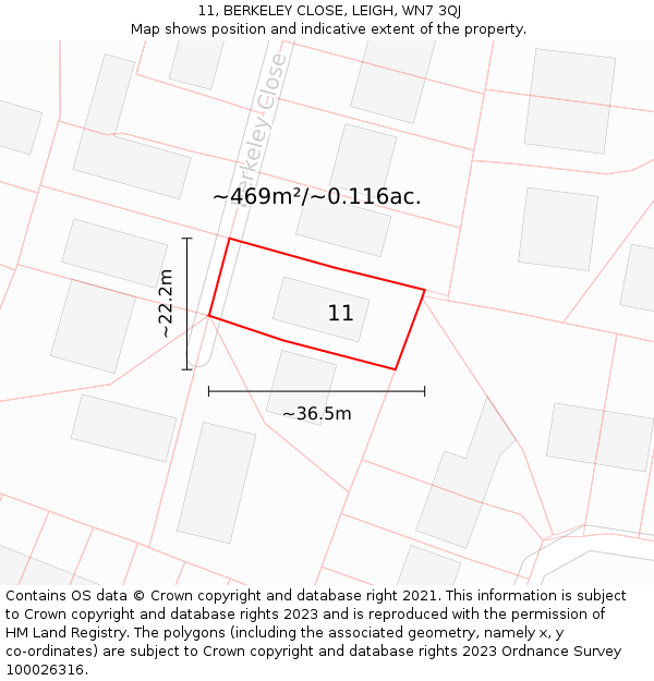 11, BERKELEY CLOSE, LEIGH, WN7 3QJ: Plot and title map