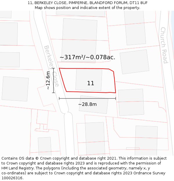 11, BERKELEY CLOSE, PIMPERNE, BLANDFORD FORUM, DT11 8UF: Plot and title map