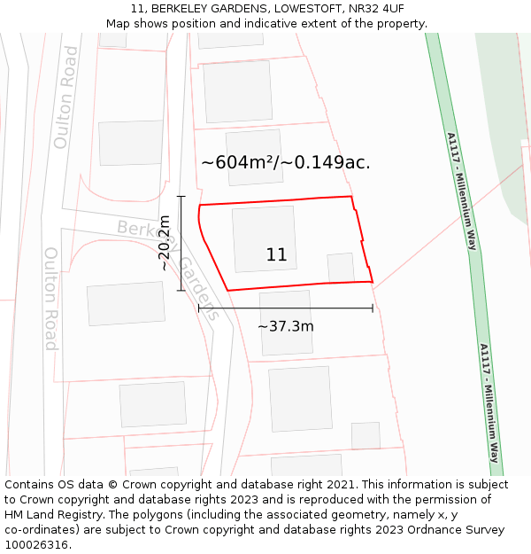 11, BERKELEY GARDENS, LOWESTOFT, NR32 4UF: Plot and title map