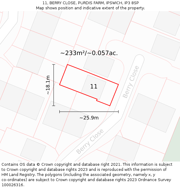11, BERRY CLOSE, PURDIS FARM, IPSWICH, IP3 8SP: Plot and title map