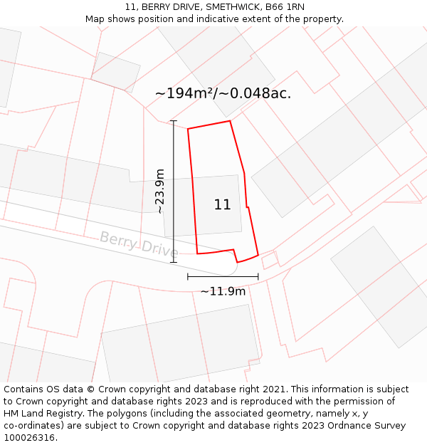11, BERRY DRIVE, SMETHWICK, B66 1RN: Plot and title map