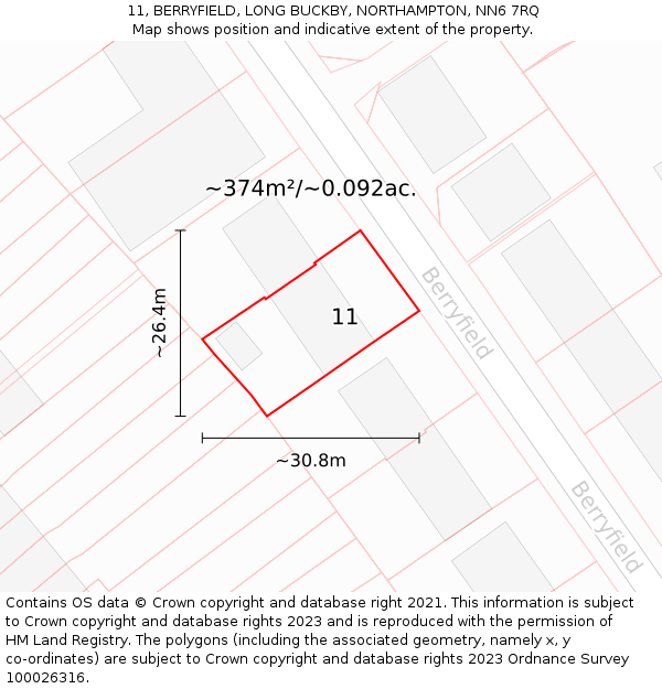 11, BERRYFIELD, LONG BUCKBY, NORTHAMPTON, NN6 7RQ: Plot and title map