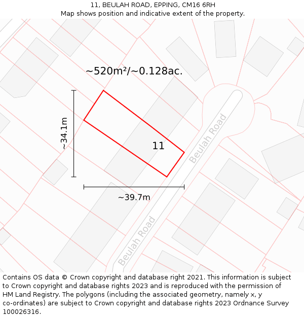 11, BEULAH ROAD, EPPING, CM16 6RH: Plot and title map