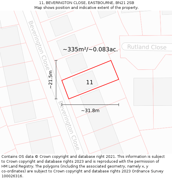 11, BEVERINGTON CLOSE, EASTBOURNE, BN21 2SB: Plot and title map
