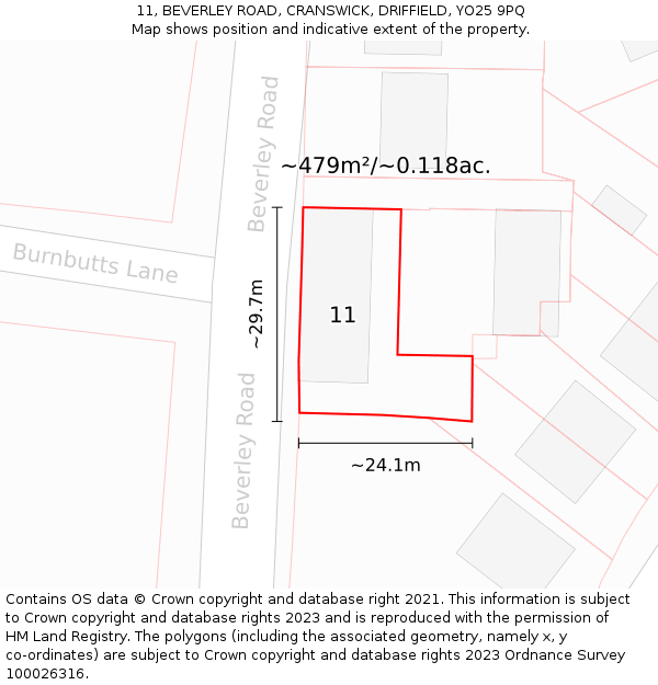 11, BEVERLEY ROAD, CRANSWICK, DRIFFIELD, YO25 9PQ: Plot and title map