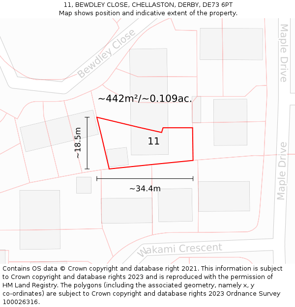 11, BEWDLEY CLOSE, CHELLASTON, DERBY, DE73 6PT: Plot and title map