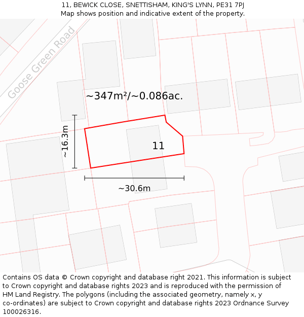 11, BEWICK CLOSE, SNETTISHAM, KING'S LYNN, PE31 7PJ: Plot and title map