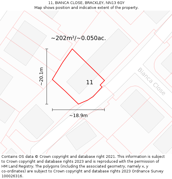 11, BIANCA CLOSE, BRACKLEY, NN13 6GY: Plot and title map