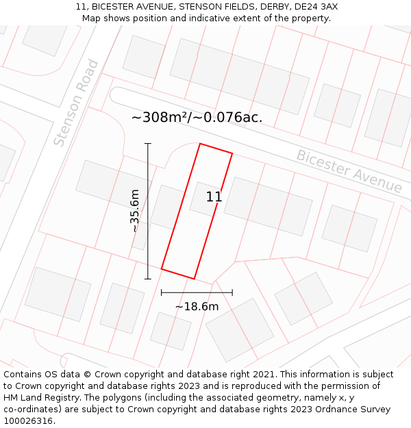 11, BICESTER AVENUE, STENSON FIELDS, DERBY, DE24 3AX: Plot and title map
