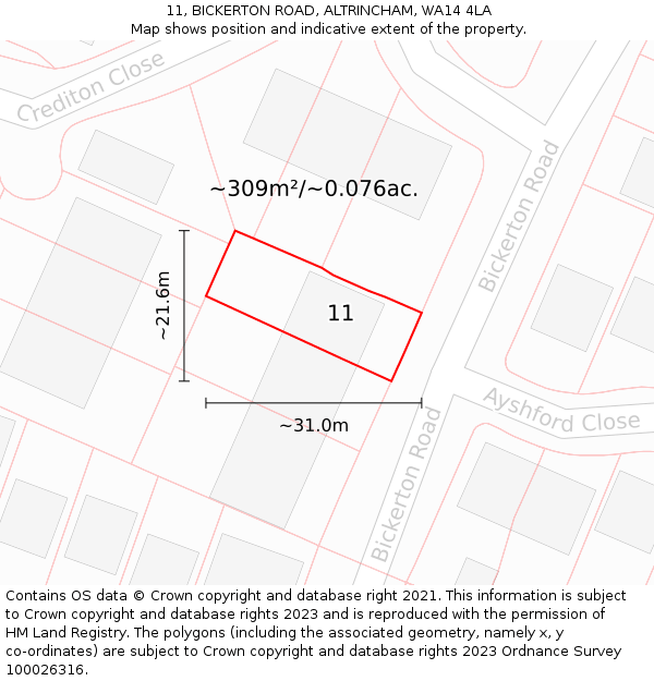 11, BICKERTON ROAD, ALTRINCHAM, WA14 4LA: Plot and title map