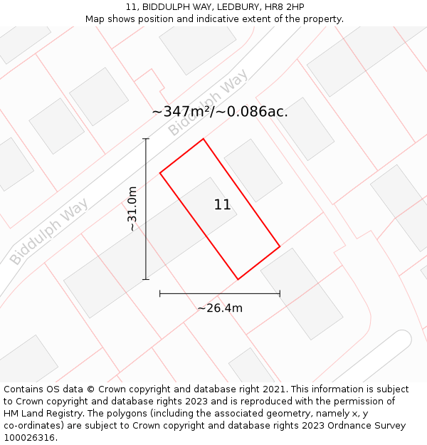 11, BIDDULPH WAY, LEDBURY, HR8 2HP: Plot and title map
