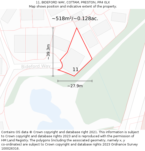 11, BIDEFORD WAY, COTTAM, PRESTON, PR4 0LX: Plot and title map