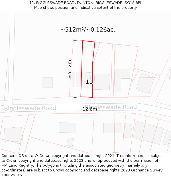 11, BIGGLESWADE ROAD, DUNTON, BIGGLESWADE, SG18 8RL: Plot and title map