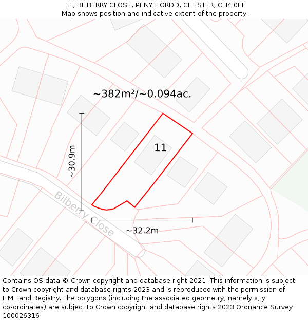 11, BILBERRY CLOSE, PENYFFORDD, CHESTER, CH4 0LT: Plot and title map