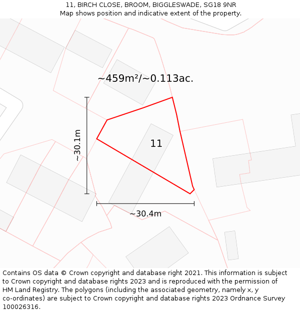 11, BIRCH CLOSE, BROOM, BIGGLESWADE, SG18 9NR: Plot and title map