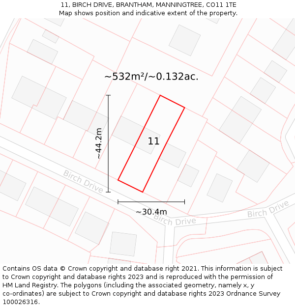 11, BIRCH DRIVE, BRANTHAM, MANNINGTREE, CO11 1TE: Plot and title map