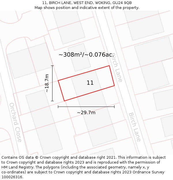 11, BIRCH LANE, WEST END, WOKING, GU24 9QB: Plot and title map