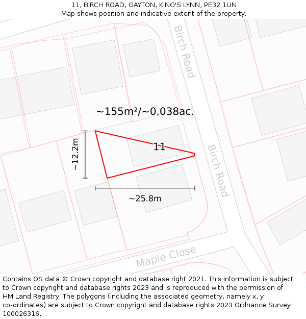 11, BIRCH ROAD, GAYTON, KING'S LYNN, PE32 1UN: Plot and title map