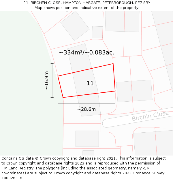 11, BIRCHEN CLOSE, HAMPTON HARGATE, PETERBOROUGH, PE7 8BY: Plot and title map