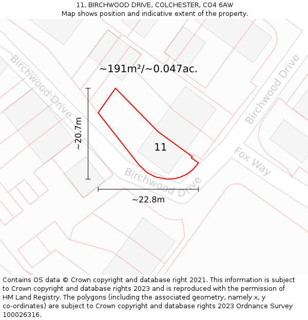 11, BIRCHWOOD DRIVE, COLCHESTER, CO4 6AW: Plot and title map