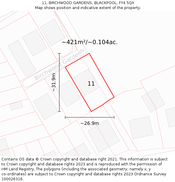 11, BIRCHWOOD GARDENS, BLACKPOOL, FY4 5QX: Plot and title map