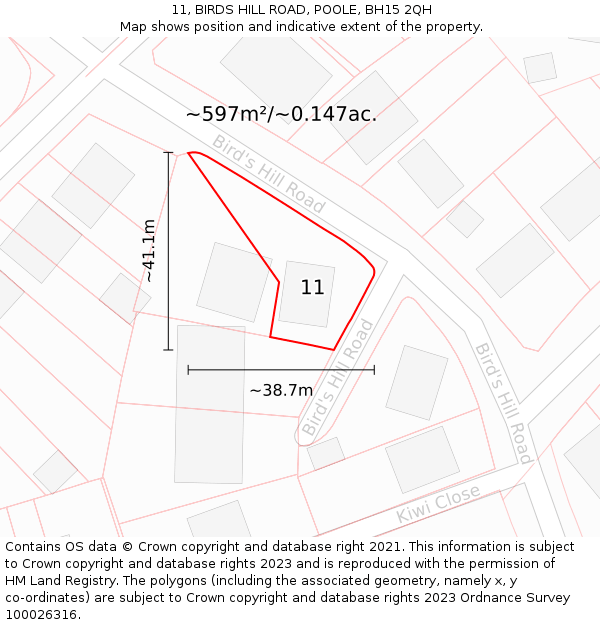 11, BIRDS HILL ROAD, POOLE, BH15 2QH: Plot and title map