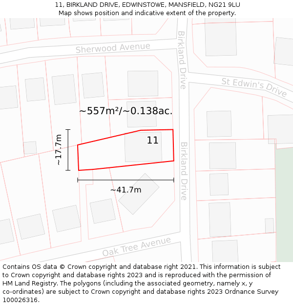 11, BIRKLAND DRIVE, EDWINSTOWE, MANSFIELD, NG21 9LU: Plot and title map