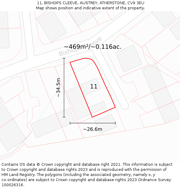 11, BISHOPS CLEEVE, AUSTREY, ATHERSTONE, CV9 3EU: Plot and title map