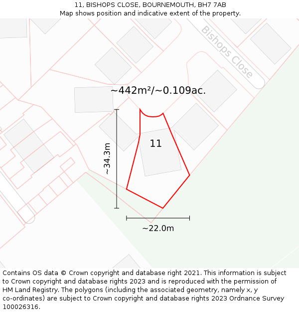 11, BISHOPS CLOSE, BOURNEMOUTH, BH7 7AB: Plot and title map