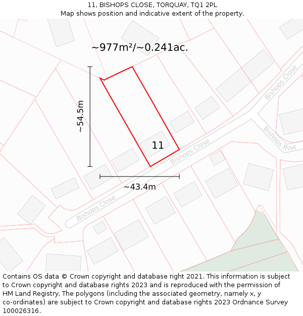 11, BISHOPS CLOSE, TORQUAY, TQ1 2PL: Plot and title map