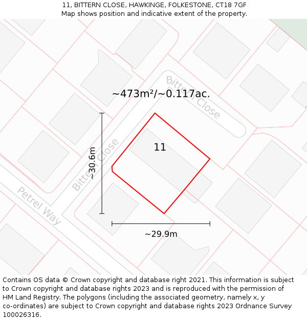 11, BITTERN CLOSE, HAWKINGE, FOLKESTONE, CT18 7GF: Plot and title map