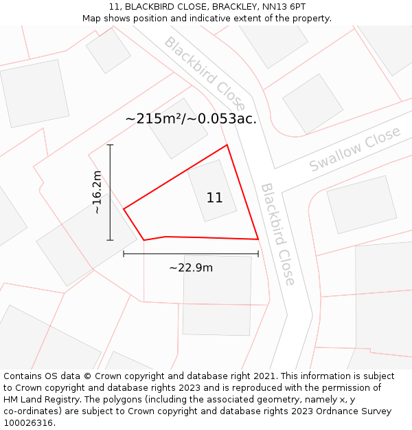 11, BLACKBIRD CLOSE, BRACKLEY, NN13 6PT: Plot and title map