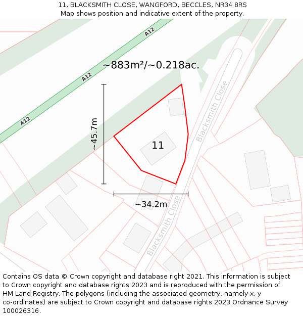 11, BLACKSMITH CLOSE, WANGFORD, BECCLES, NR34 8RS: Plot and title map