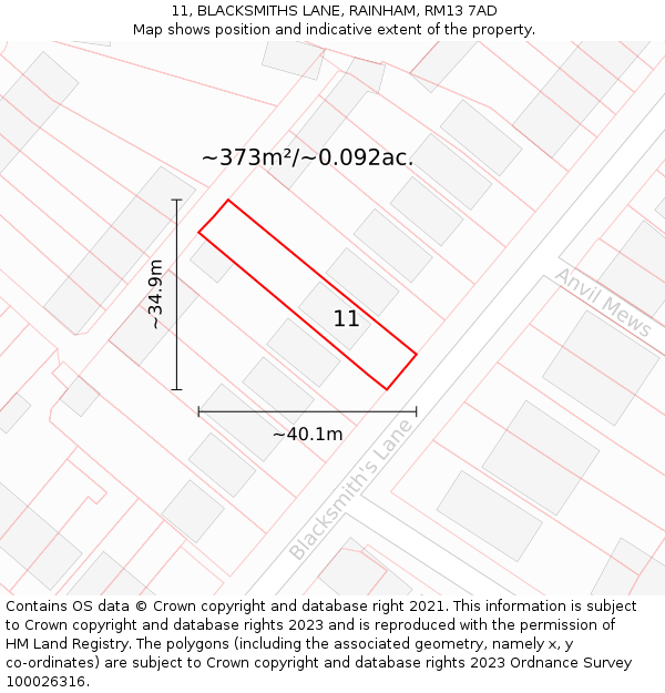 11, BLACKSMITHS LANE, RAINHAM, RM13 7AD: Plot and title map