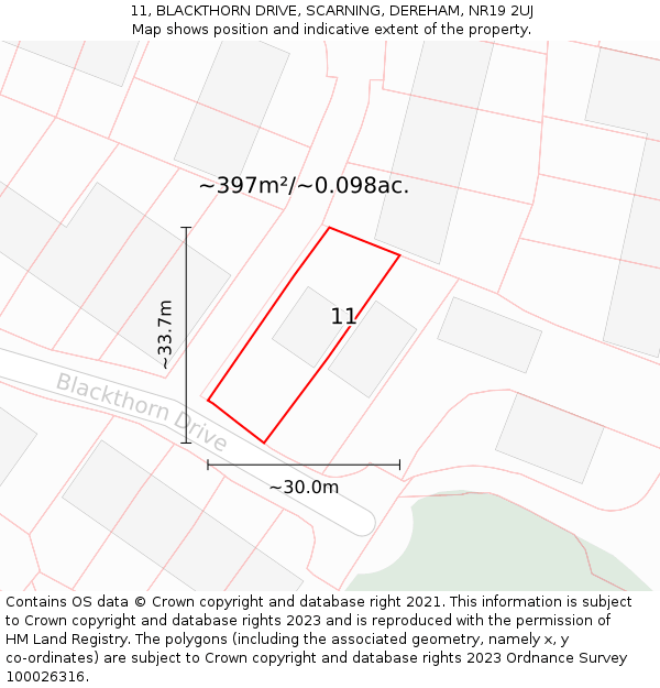11, BLACKTHORN DRIVE, SCARNING, DEREHAM, NR19 2UJ: Plot and title map