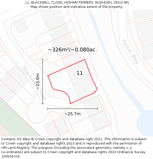 11, BLACKWELL CLOSE, HIGHAM FERRERS, RUSHDEN, NN10 8PJ: Plot and title map