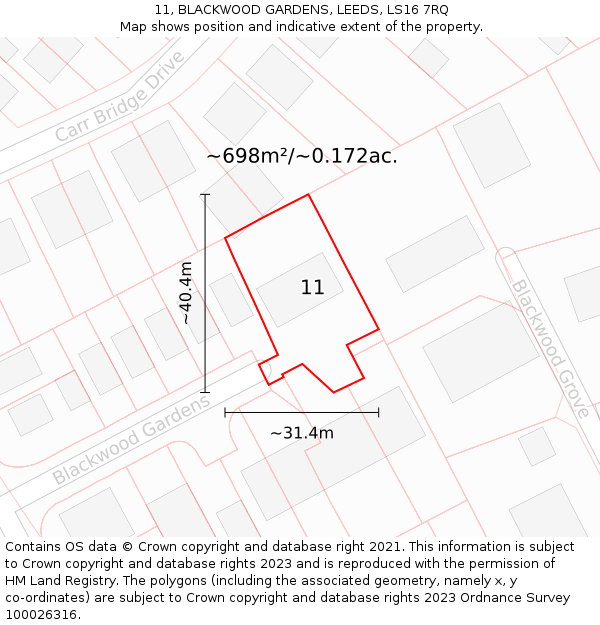 11, BLACKWOOD GARDENS, LEEDS, LS16 7RQ: Plot and title map