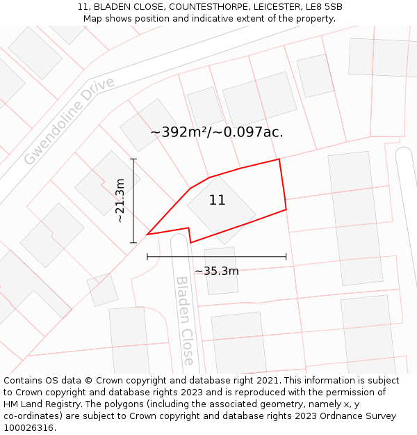 11, BLADEN CLOSE, COUNTESTHORPE, LEICESTER, LE8 5SB: Plot and title map