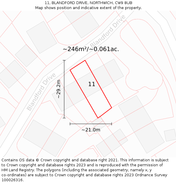 11, BLANDFORD DRIVE, NORTHWICH, CW9 8UB: Plot and title map