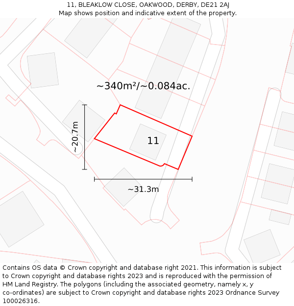 11, BLEAKLOW CLOSE, OAKWOOD, DERBY, DE21 2AJ: Plot and title map