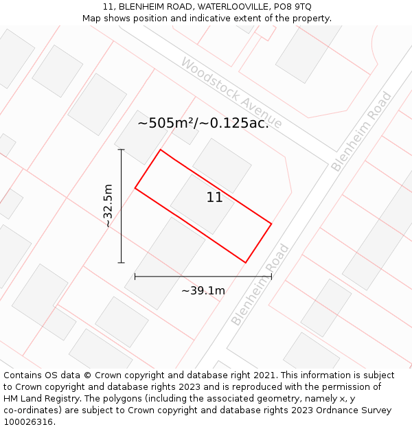 11, BLENHEIM ROAD, WATERLOOVILLE, PO8 9TQ: Plot and title map