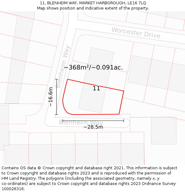 11, BLENHEIM WAY, MARKET HARBOROUGH, LE16 7LQ: Plot and title map