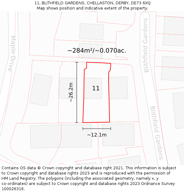 11, BLITHFIELD GARDENS, CHELLASTON, DERBY, DE73 6XQ: Plot and title map