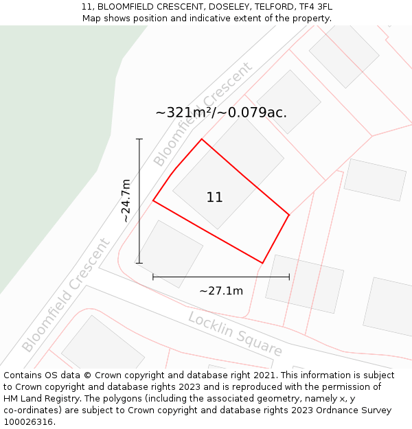 11, BLOOMFIELD CRESCENT, DOSELEY, TELFORD, TF4 3FL: Plot and title map